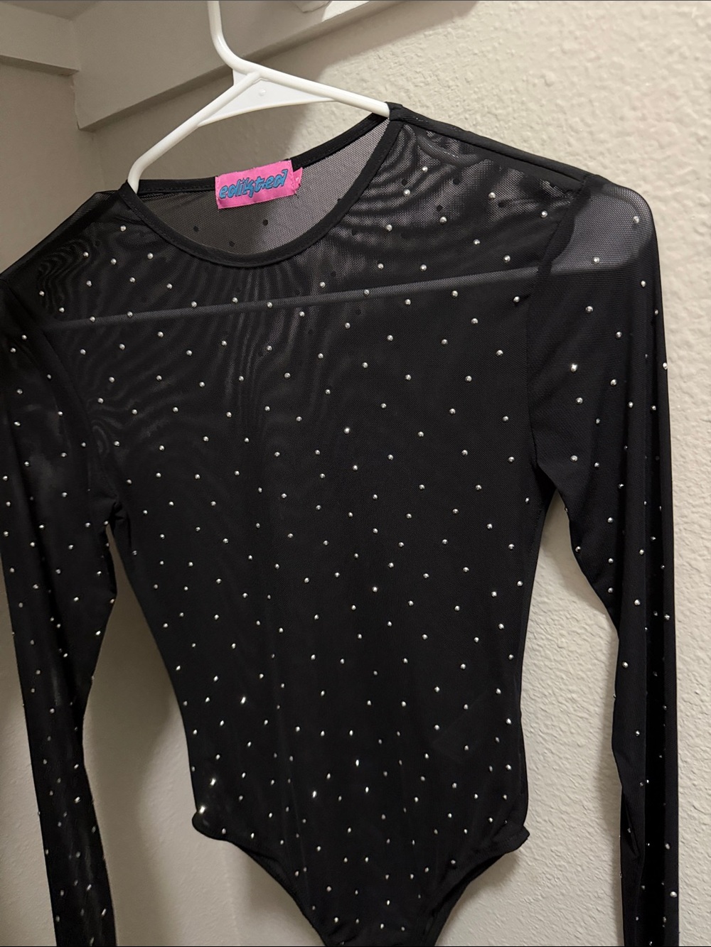 Edikted Black Sheer Long-Sleeve Rhinestone Bodysuit